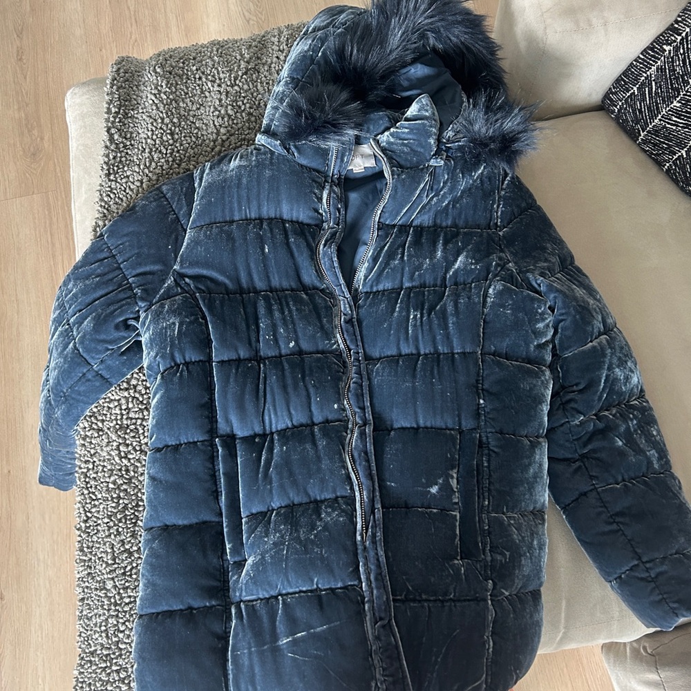 Blue Velvet Puffer Jacket with Faux Fur Hood
